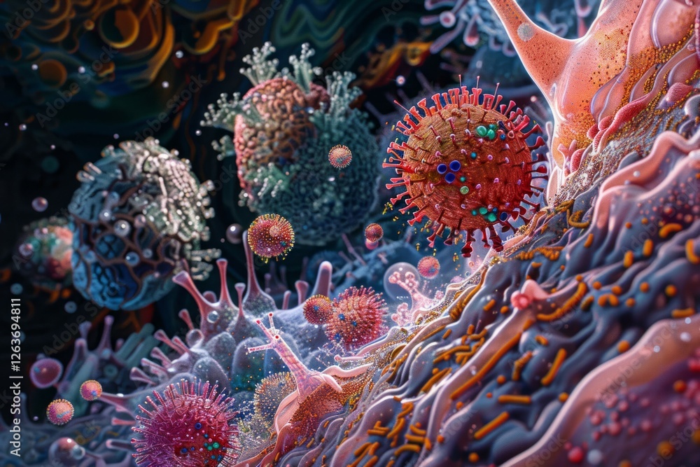 Obraz premium Vibrant molecular world in cosmic hues. Neural network AI generated