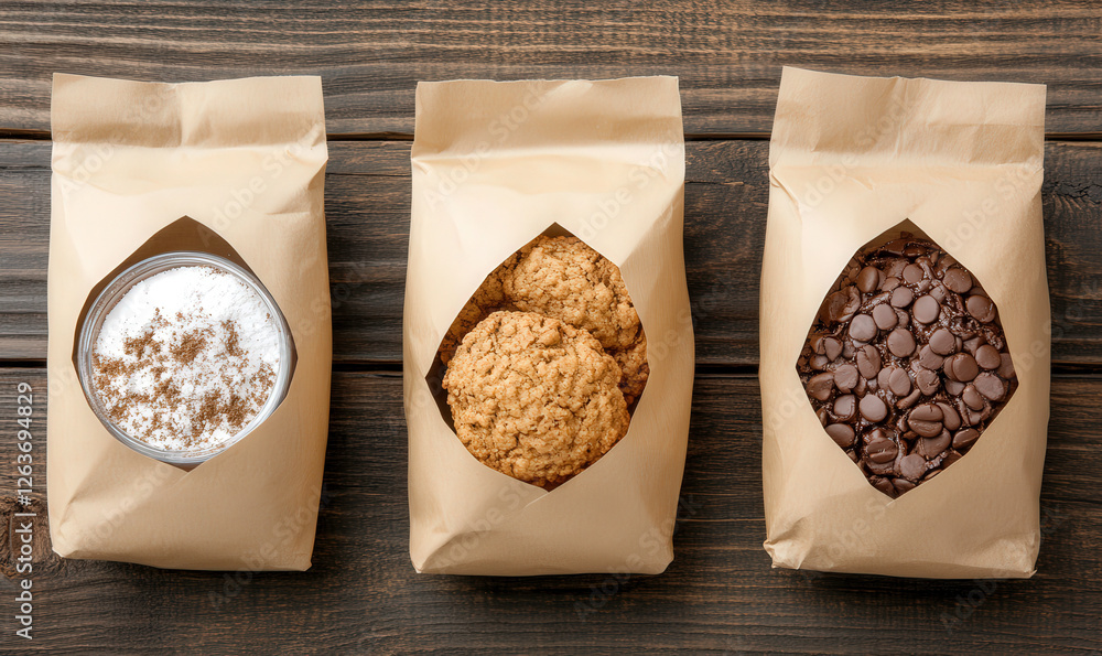 Fototapeta premium Three Brown Paper Bags with Open Windows Containing Flour, Oat Cookies, and Chocolate Chips Set Against a Rustic Wooden Background