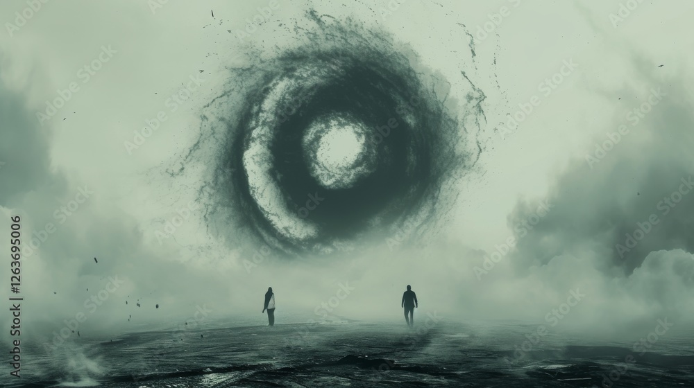 Two figures stand before a swirling black vortex in an apocalyptic landscape, surrounded by ominous clouds and desolation. AI generated.