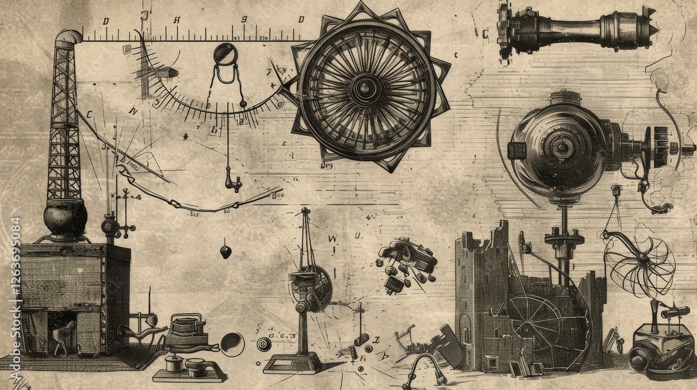 Highly detailed AI-generated illustration of vintage industrial and mechanical designs, showcasing gears, schematics, and intricate engineering concepts.