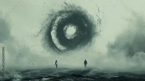 Obraz na płótnie Two figures stand before a swirling black vortex in an apocalyptic landscape, surrounded by ominous clouds and desolation. AI generated. w salonie