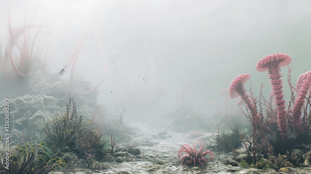 A surreal underwater scene featuring alien plant life in a foggy, dimly lit environment. Strange bioluminescent fungi and coral-like structures create an ethereal, mysterious world. AI generated.