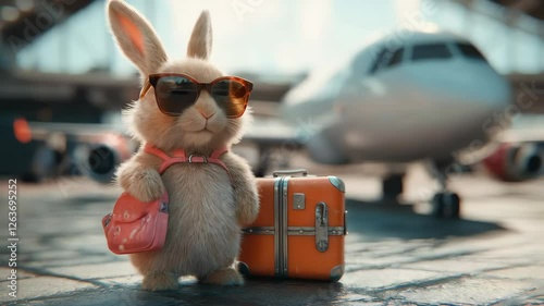 Adventurous bunny with sunglasses and luggage in airport setting with airplane