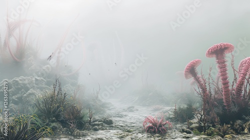 Obraz na płótnie A surreal underwater scene featuring alien plant life in a foggy, dimly lit environment. Strange bioluminescent fungi and coral-like structures create an ethereal, mysterious world. AI generated. w salonie