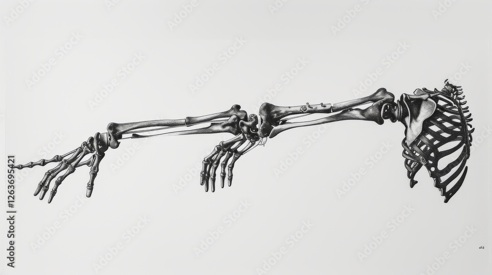 Anatomical illustration of a human arm skeleton, extended and highly detailed. Rendered in a clean black-and-white style, ideal for scientific or artistic purposes. AI generated.