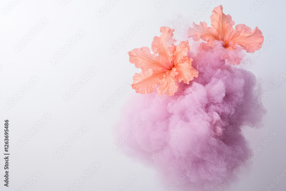 Beautiful hibiscus flowers emerging from vibrant pink smoke against a light background Beautiful hibiscus flowers emerging from vibrant pink smoke against a light background