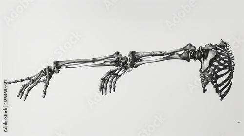 Obraz na płótnie Anatomical illustration of a human arm skeleton, extended and highly detailed. Rendered in a clean black-and-white style, ideal for scientific or artistic purposes. AI generated. w salonie