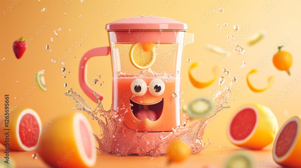 A vibrant blender with a cheerful face surrounded by splashing fruits and citrus, highlighting freshness and a playful mood in a lively composition. AI generated.