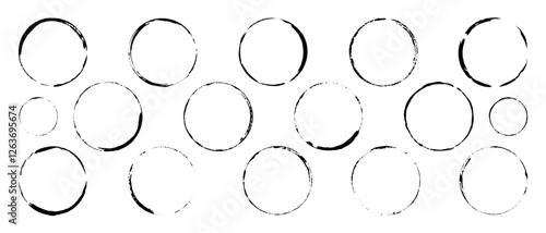 Set of empty clean white circles with black in places illegible outline of different thickness. Imprint of round geometric shapes with leaky edges. Vector brush with paint for marking, highlighting.