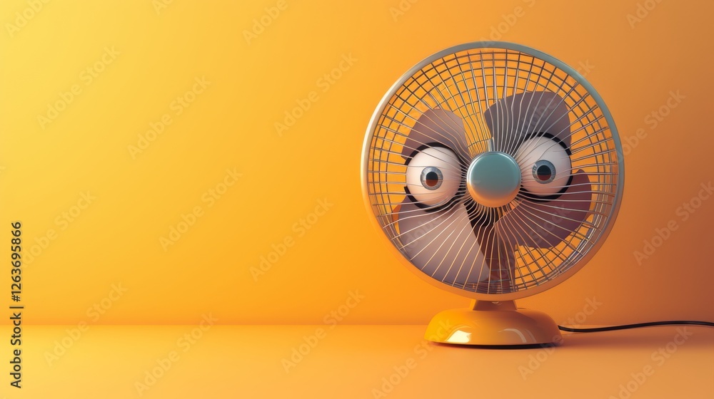 A quirky electric fan with cartoonish eyes and a bold yellow backdrop, combining humor and charm in a minimalist composition. AI generated.