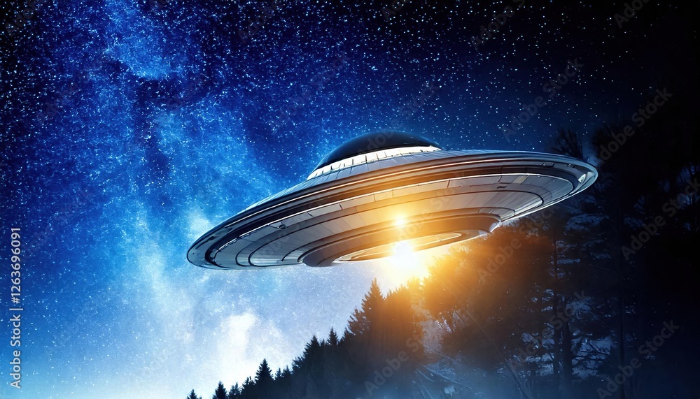 Obraz premium Night sky displays a glowing spaceship above a forest with stars and cosmic elements