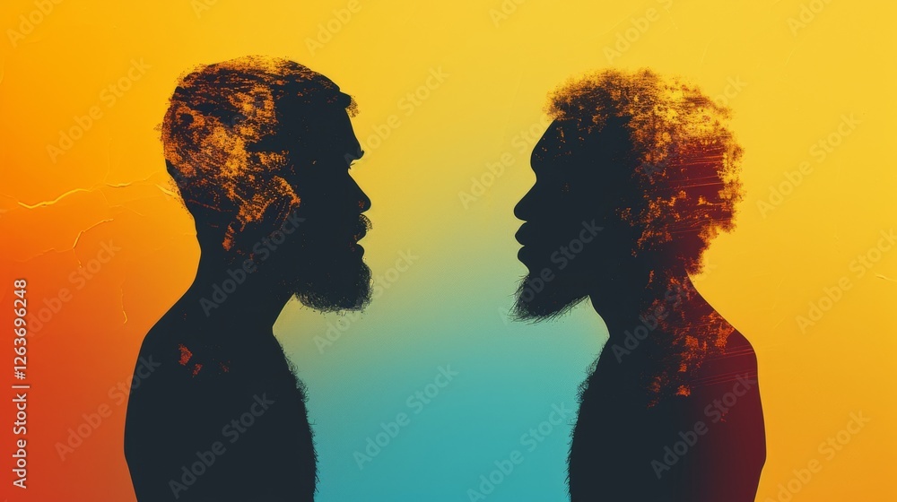 Artistic double silhouette profile of two figures with vibrant orange and blue color overlays, blending abstract textures and highlighting contrast. AI generated.