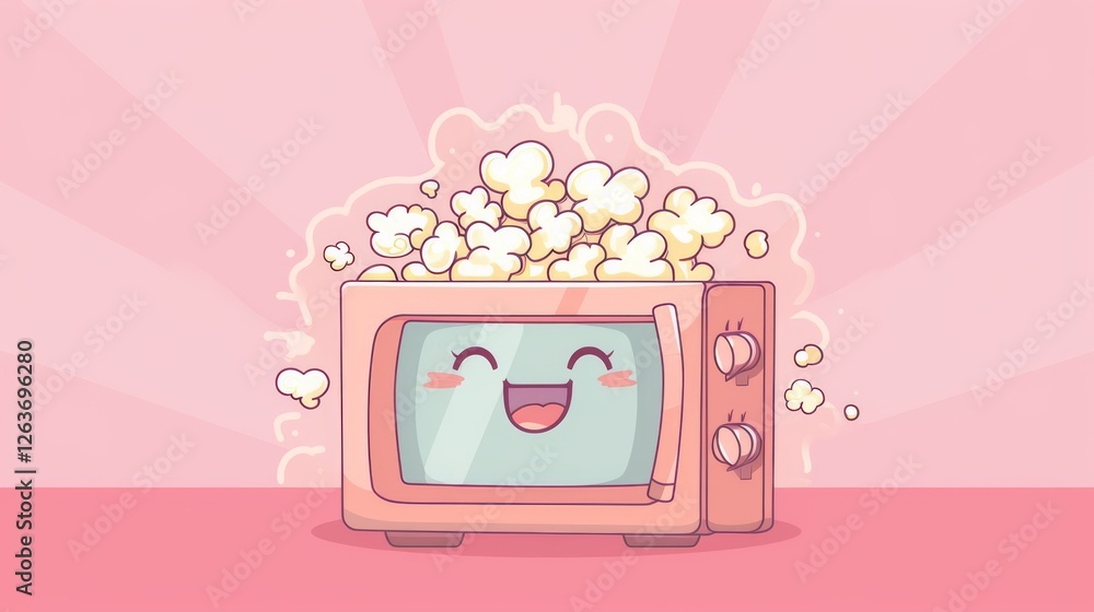 Adorable illustration of a cheerful cartoon microwave popping popcorn, set against a pink backdrop, creating a playful and fun atmosphere. AI generated.