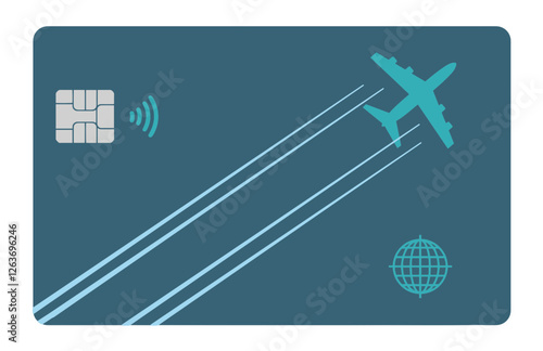 The image of an airliner leaves a contrail design across the face of an air miles reward credit card in this illustration about perks for air travelers. This is a 3-d illustration.