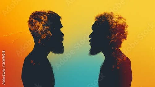 Obraz na płótnie Artistic double silhouette profile of two figures with vibrant orange and blue color overlays, blending abstract textures and highlighting contrast. AI generated. w salonie