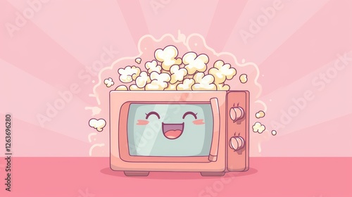 Obraz na płótnie Adorable illustration of a cheerful cartoon microwave popping popcorn, set against a pink backdrop, creating a playful and fun atmosphere. AI generated. w salonie