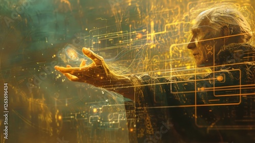 Obraz na płótnie An elderly figure extending a hand, surrounded by glowing golden technological patterns, creating a mystical and futuristic aura. Perfect for sci-fi and fantasy themes. AI generated. w salonie