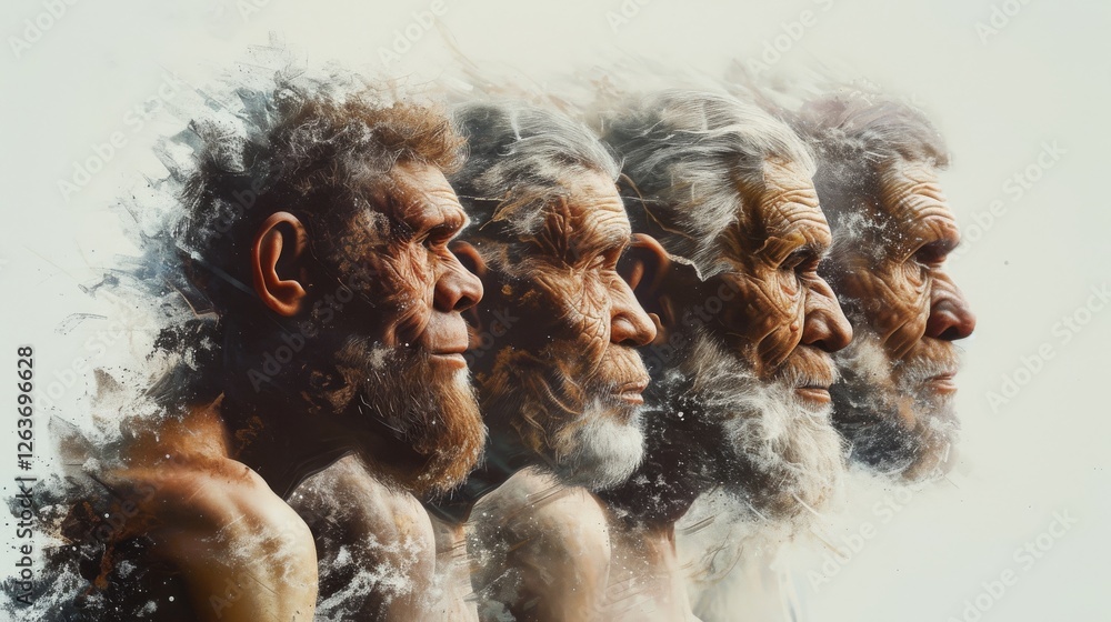 Visualization of human evolution through a sequence of profiles, blending modern art with anthropology, featuring detailed textures and transitional blending. AI generated.