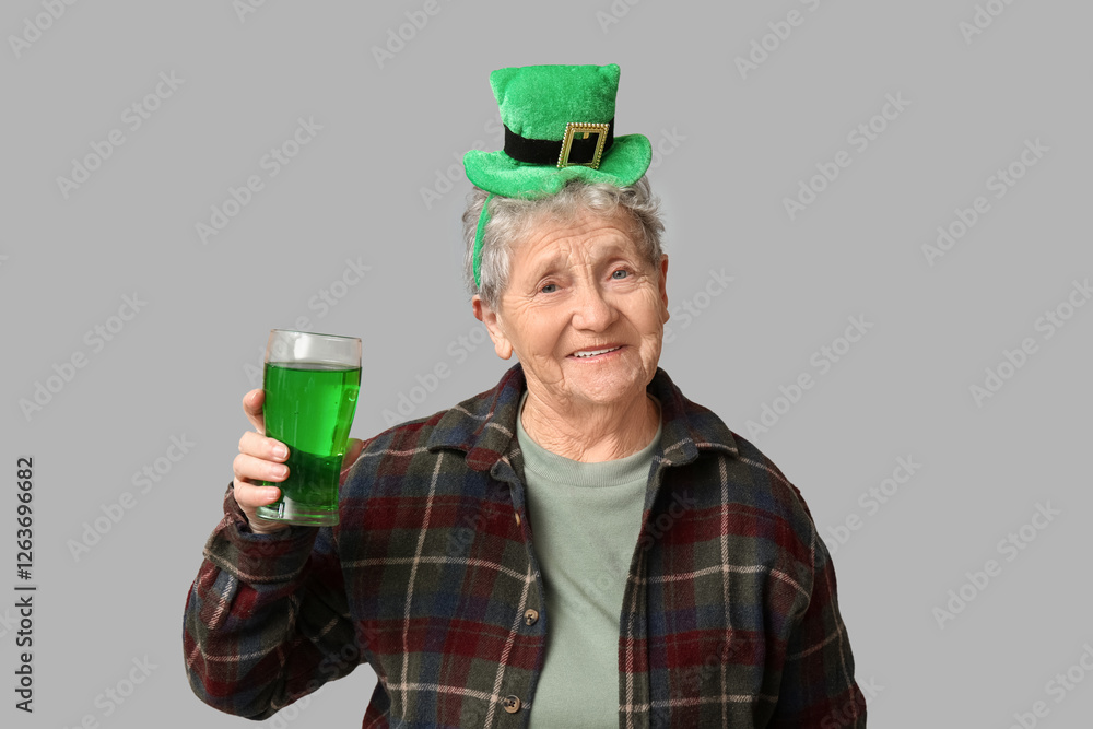 Senior woman in leprechaun hat with glass of beer on grey background. St. Patrick's Day celebration Senior woman in leprechaun hat with glass of beer on grey background. St. Patrick's Day celebration