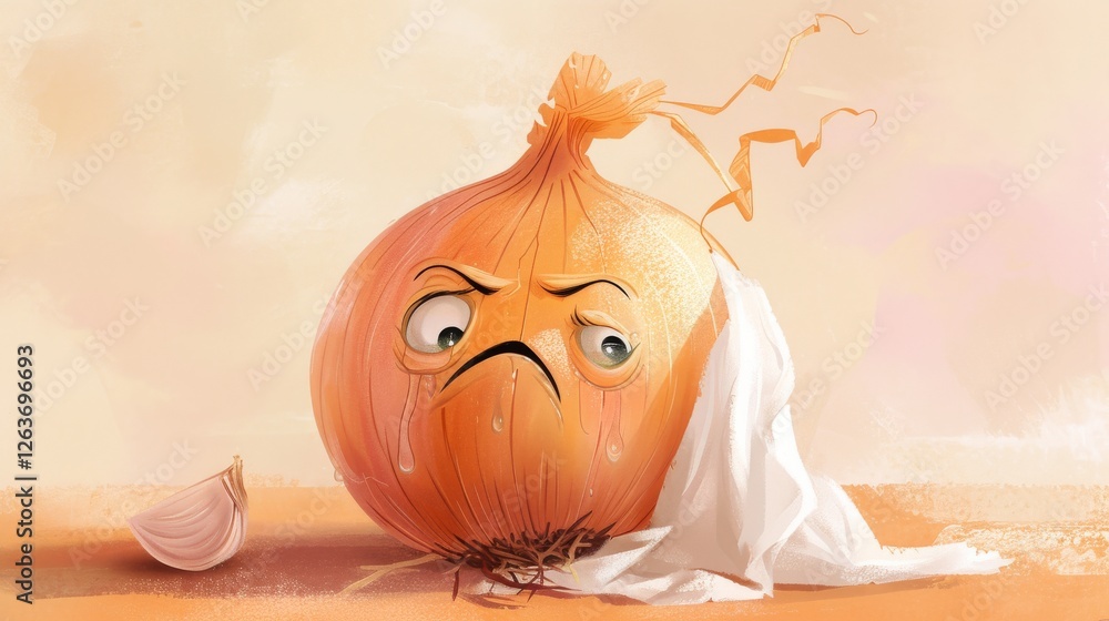 A whimsical illustration of a crying onion character, complete with expressive eyes, a tissue, and tears, capturing humor and creativity. AI generated.