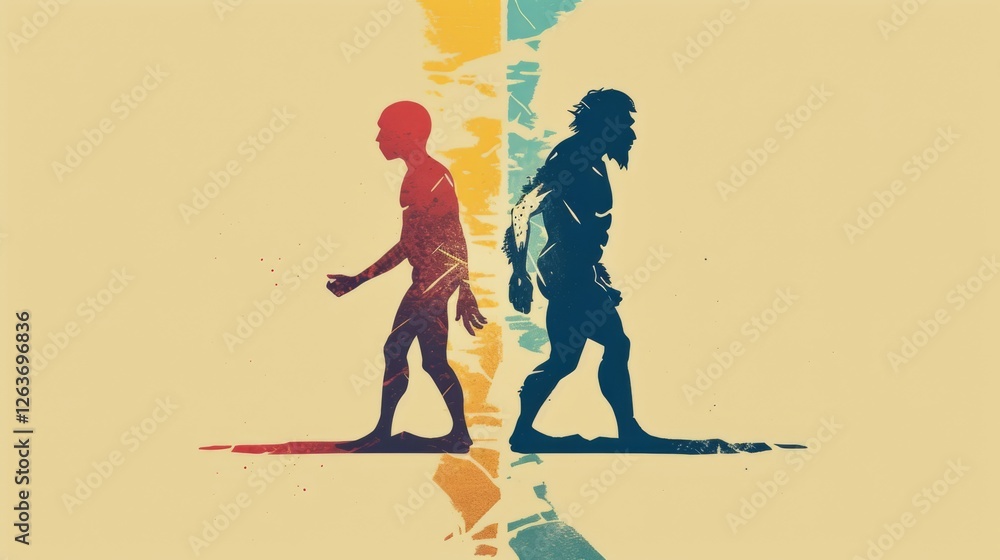 Abstract artwork showcasing the evolution of humans through vivid silhouettes, with contrasting colors and textures creating a striking visual narrative. AI generated.