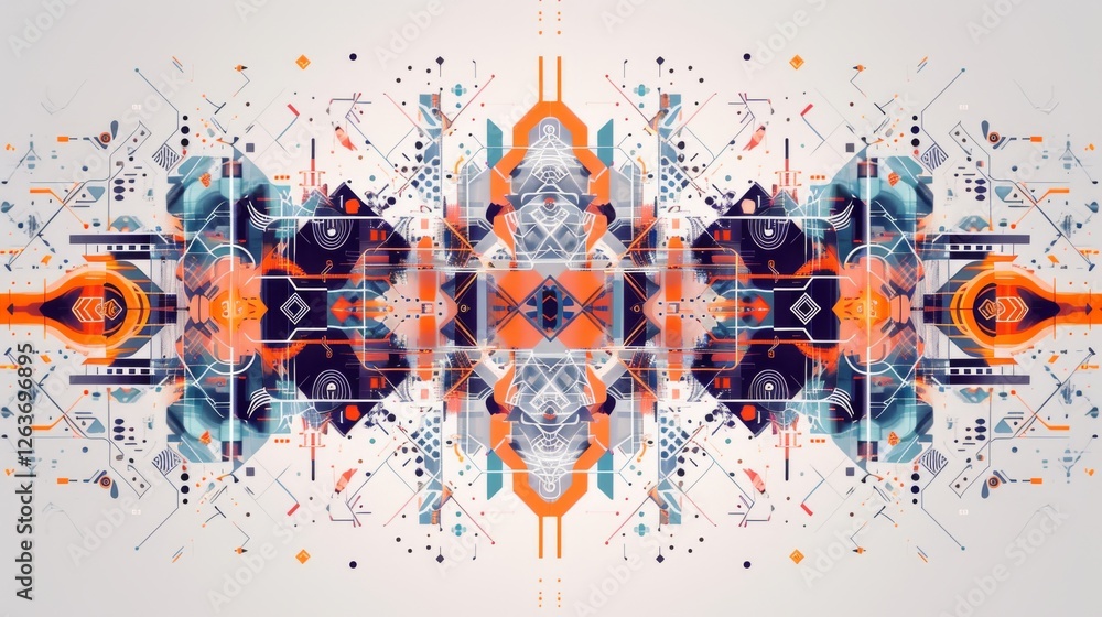 A vivid and colorful symmetrical design with intricate geometric patterns and vibrant hues of orange and blue, symbolizing technology and innovation. AI generated.