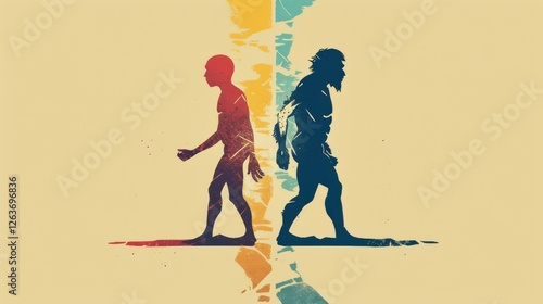 Obraz na płótnie Abstract artwork showcasing the evolution of humans through vivid silhouettes, with contrasting colors and textures creating a striking visual narrative. AI generated. w salonie
