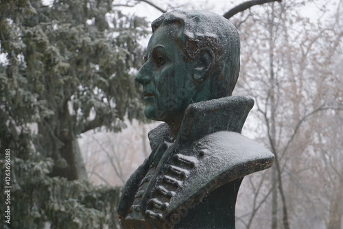 Close up of the bronze bust of Hungarian economist and journalist Pethe Ferenc at the park of Vajdahunyad Castle, Budapest, Hungary