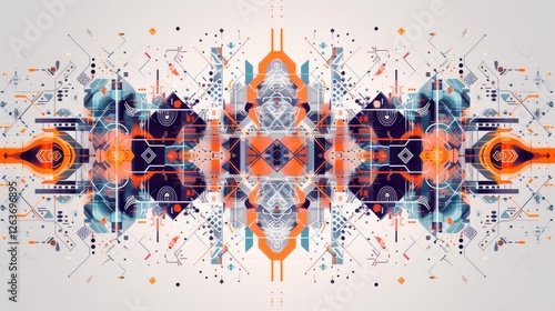 Obraz na płótnie A vivid and colorful symmetrical design with intricate geometric patterns and vibrant hues of orange and blue, symbolizing technology and innovation. AI generated. w salonie