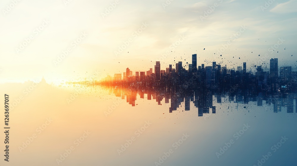 Fototapeta premium A futuristic city skyline reflects in a calm surface, with parts of the buildings disintegrating into fragments, creating a surreal atmosphere. 