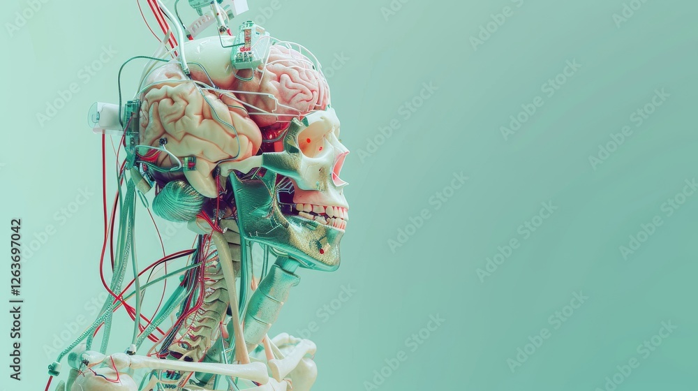 A highly detailed cybernetic rendering of a human skull and brain, showing intricate wiring and futuristic design elements in soft, luminous tones. AI generated.