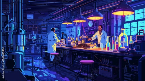 A detailed scene of scientists in lab coats working in a neon-lit futuristic lab with complex equipment and glowing liquids, creating an innovative atmosphere. AI generated.