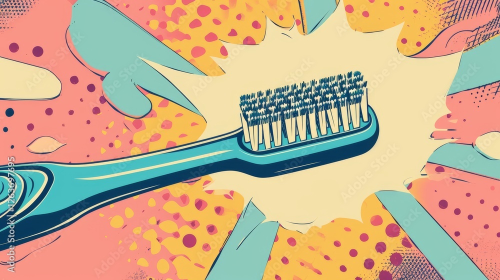Vibrant pop art-inspired illustration of a toothbrush in bold colors, surrounded by an abstract comic-style background with dynamic shapes. AI generated.
