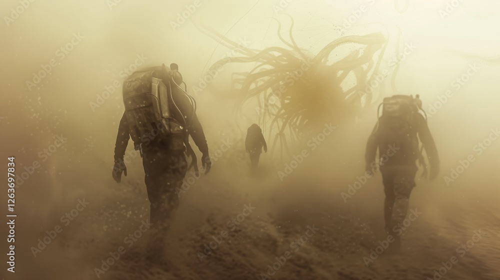 A team of astronauts walks through a dense, dusty landscape toward a massive tentacled alien entity. The atmospheric lighting and swirling dust create an intense sci-fi adventure scene. AI generated.