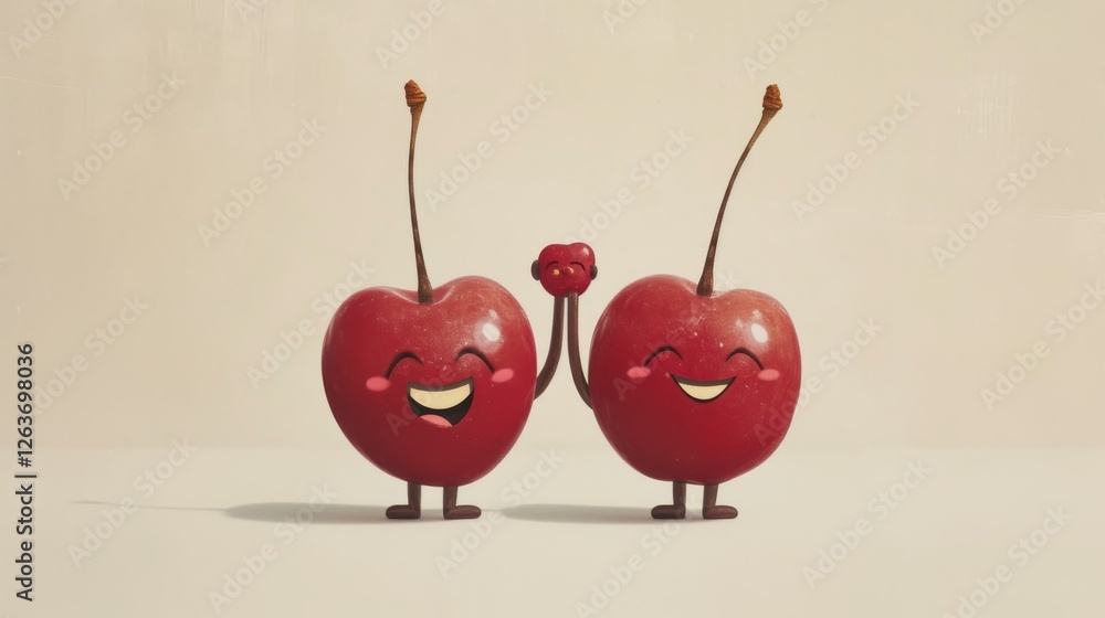 A pair of animated cherries with happy faces and joined stems, radiating positivity and fun, set against a minimal beige background. AI generated.