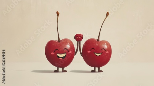 Obraz na płótnie A pair of animated cherries with happy faces and joined stems, radiating positivity and fun, set against a minimal beige background. AI generated. w salonie