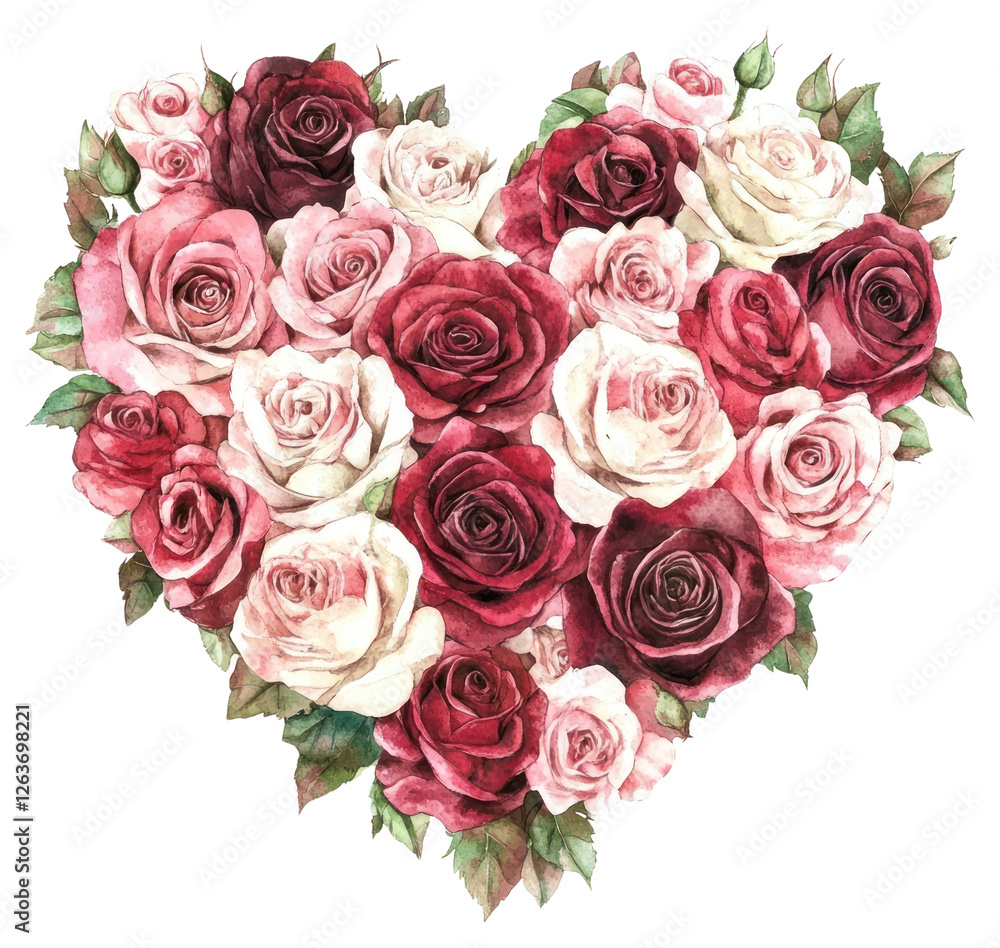 PNG A heart-shaped arrangement of red and pink and white roses watercolor pattern flower. PNG A heart-shaped arrangement of red and pink and white roses watercolor pattern flower.