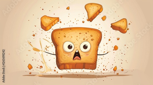Obraz na płótnie Surprised animated toast character with wide eyes and flying crumbs, radiating quirky charm and humor. Ideal for creative and food-themed projects. AI generated. w salonie