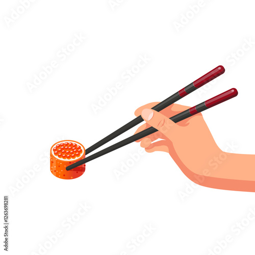 Hand holds chopsticks with sushi. Isolated on white background. Modern flat style vector illustration