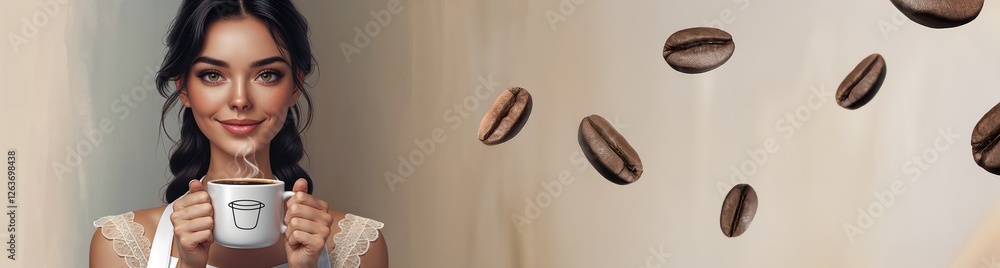 custom made wallpaper toronto digitalGirl barista with a mug of coffee in her hands, coffee shop banner with space for text. Interior of a cozy coffee shop.