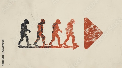 An abstract representation of human evolution toward a symbolic arrow in a minimalist, grunge-inspired design. Textured aesthetic enhances the vintage feel. AI generated.