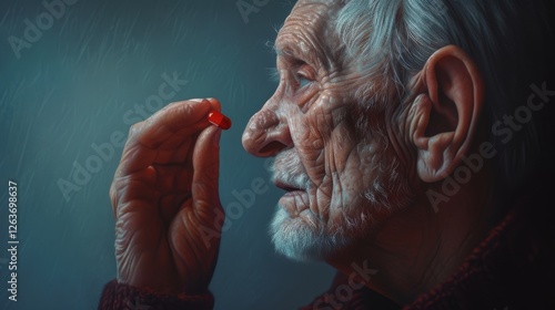 Obraz na płótnie Detailed profile of an elderly man examining a red pill closely, showcasing fine details of age and emotion in a moody setting. AI generated. w salonie