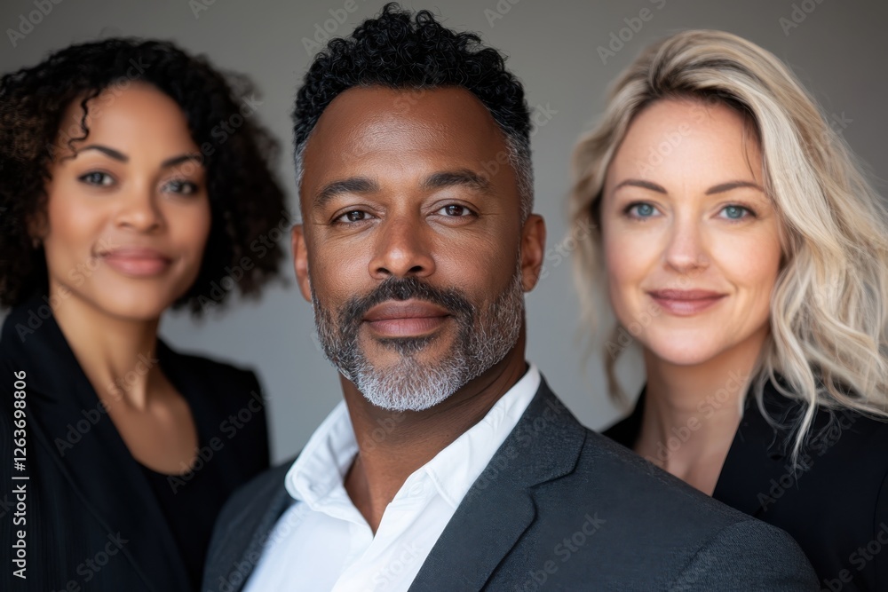 This captivating image displays three confident individuals, showcasing success and professionalism, set against a neutral backdrop, emphasizing their poised demeanor and unity. This captivating image displays three confident individuals, showcasing success and professionalism, set against a neutral backdrop, emphasizing their poised demeanor and unity.