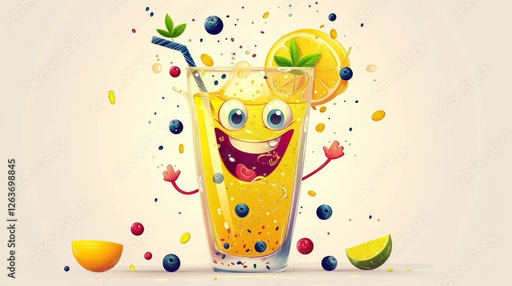 Bright and joyful illustration of a juice glass with a smiling face, surrounded by a burst of berries, citrus, and vibrant elements, emphasizing fun and energy. AI generated.