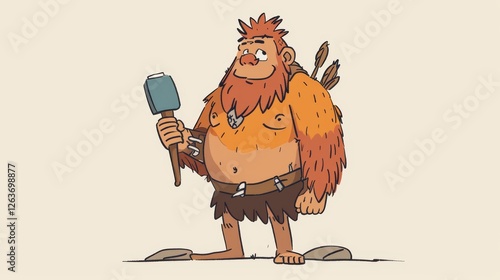 A playful cartoon caveman holding a stone hammer, smiling confidently, dressed in rustic attire with details like feathers and bones, reflecting prehistoric themes. AI generated.