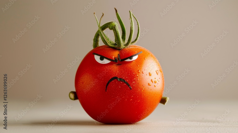 AI-generated image of a cartoon tomato featuring an angry expression, with detailed textures, vibrant colors, and humorous appeal, perfect for creative projects. AI generated.