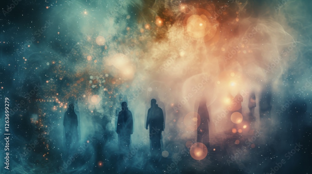 Silhouettes emerge in a cosmic, colorful lightscape with swirling ethereal energy, creating a surreal, otherworldly ambiance. Perfect for fantasy themes. AI generated.