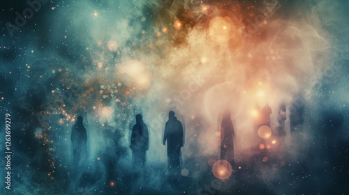 Obraz na płótnie Silhouettes emerge in a cosmic, colorful lightscape with swirling ethereal energy, creating a surreal, otherworldly ambiance. Perfect for fantasy themes. AI generated. w salonie