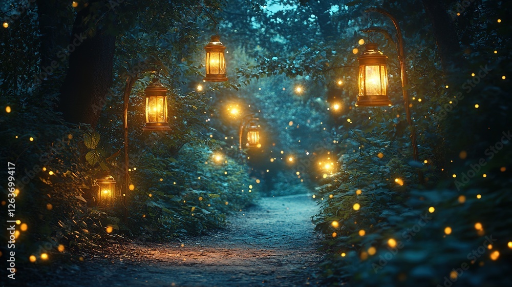 Obraz premium Enchanting lantern pathway mystical forest night scene magical atmosphere serene viewpoint dreamlike concept