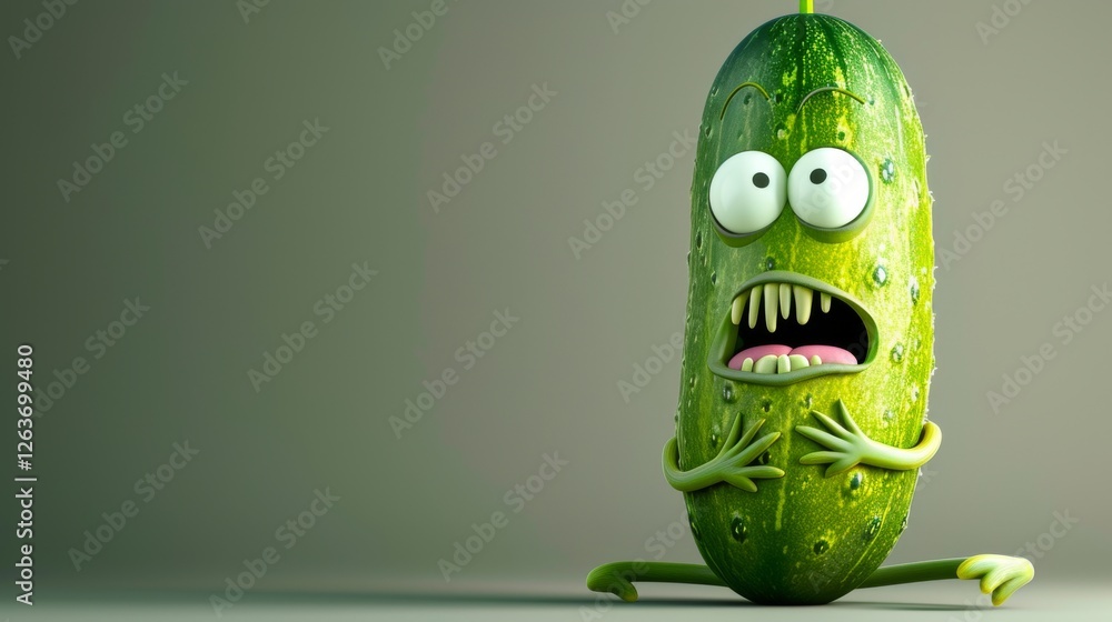 A hilarious cartoon cucumber with a terrified face and wide eyes, showcasing exaggerated expressions on a neutral background, adding humor and fun to any project. AI generated.